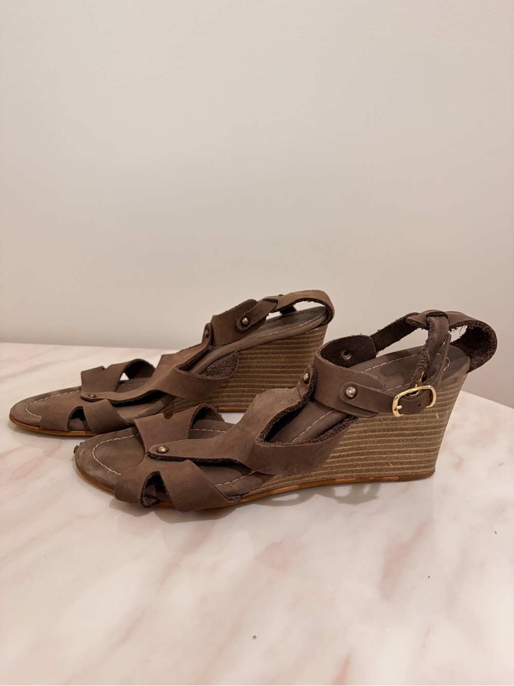 Eram Taupe/Brown Leather Wedge Sandals with Ankle Strap
